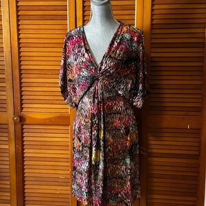 Maggy London Dress Sz 10 Twist Front Vibrant Abstract Color Artsy Print Dress